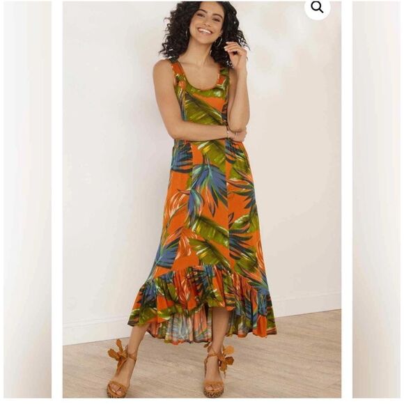 Soft Surroundings Fabiana Tropical Print Ruffle Hem Shirred Maxi Dress Size M - Picture 1 of 10